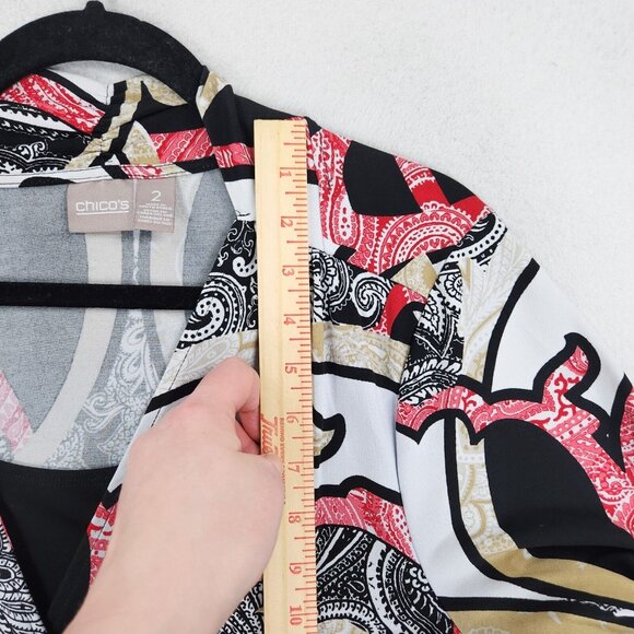 Chicos Shirt Womens 2 Black Red Large Printed Lightweight 3/4 Sleeve Blouse - Picture 4 of 11